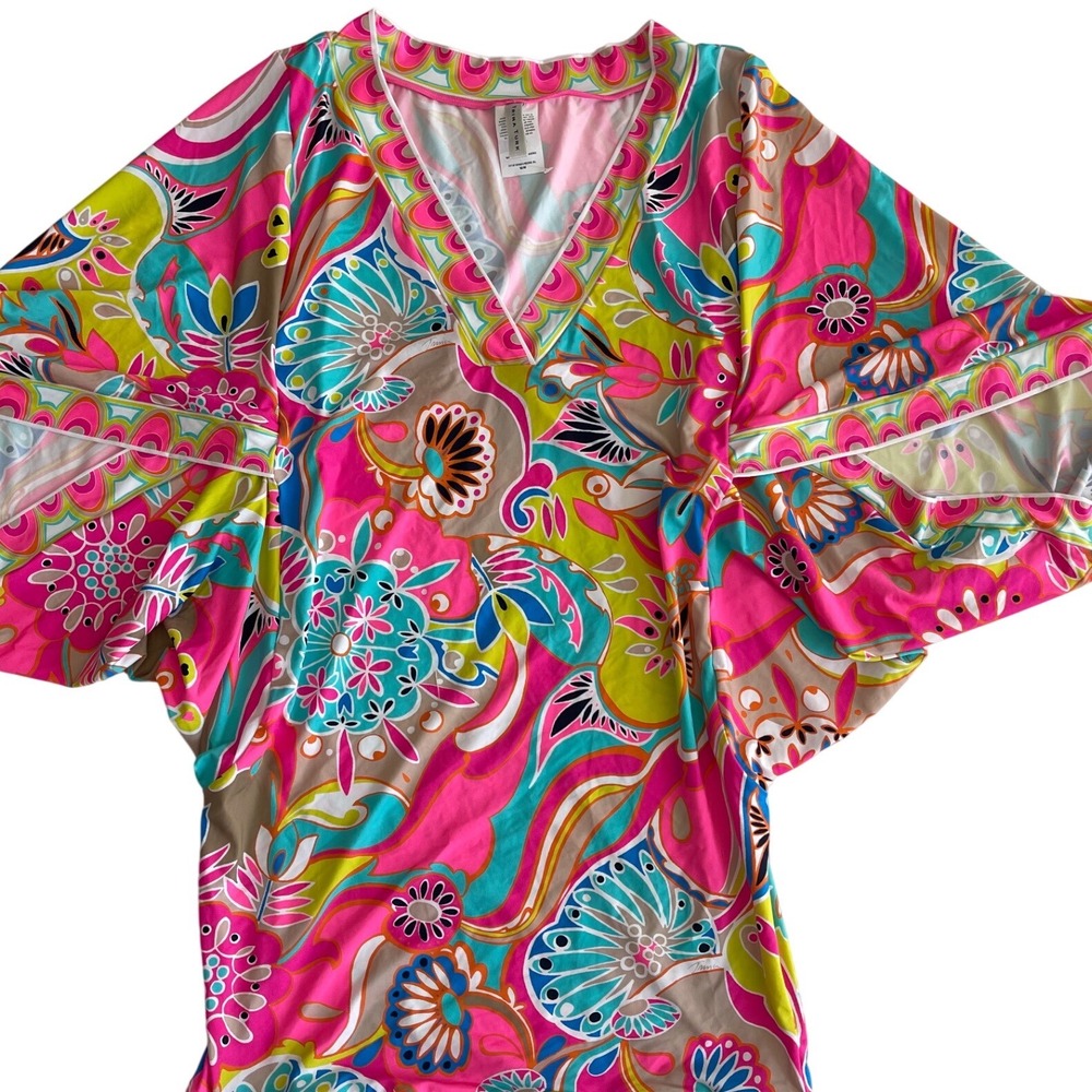 Trina Turk Venus Plunge Neck Line Swim Tunic Cover Up Dress Women's Size Medium